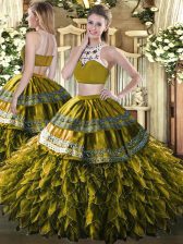  Two Pieces 15th Birthday Dress Olive Green High-neck Tulle Sleeveless Floor Length Backless