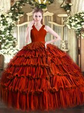 Colorful Rust Red Sweet 16 Dress Military Ball and Sweet 16 and Quinceanera with Ruffled Layers V-neck Sleeveless Zipper