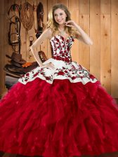  Wine Red Ball Gowns Embroidery and Ruffles 15th Birthday Dress Lace Up Satin and Organza Sleeveless Floor Length