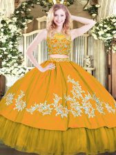 Flare Gold Two Pieces Tulle Scoop Sleeveless Beading and Appliques Floor Length Zipper Sweet 16 Dress