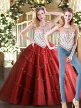 Custom Designed Scoop Sleeveless Zipper Quinceanera Dress Wine Red Tulle