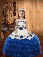 Classical Straps Sleeveless Lace Up Pageant Gowns Blue Organza
