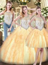 Simple Gold Scoop Neckline Beading and Ruffles Quinceanera Dress Sleeveless Zipper