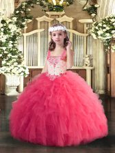  Hot Pink Lace Up Little Girls Pageant Dress Beading and Ruffles Sleeveless Floor Length