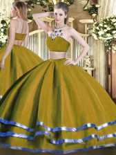 Sexy Sleeveless Floor Length Beading Backless Quinceanera Dress with Olive Green