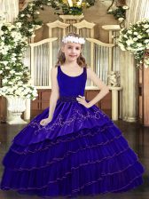  Blue Scoop Zipper Beading and Embroidery and Ruffled Layers Little Girls Pageant Dress Sleeveless
