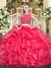  Red Scoop Neckline Beading and Ruffles Ball Gown Prom Dress Sleeveless Zipper