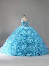  Straps Sleeveless Court Train Zipper Sweet 16 Dresses Baby Blue Fabric With Rolling Flowers