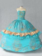 Hot Selling Aqua Blue Ball Gowns Embroidery and Bowknot Quinceanera Dress Lace Up Satin and Organza Sleeveless Floor Length