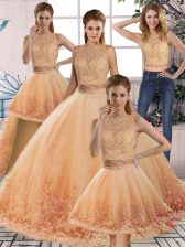  Gold and Peach Ball Gowns Scalloped Sleeveless Tulle Sweep Train Backless Lace Sweet 16 Dresses