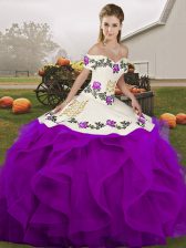 Adorable White And Purple Tulle Lace Up Off The Shoulder Sleeveless Floor Length Quinceanera Gowns Embroidery and Ruffles