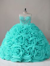  Ball Gowns 15 Quinceanera Dress Aqua Blue Sweetheart Fabric With Rolling Flowers Sleeveless Lace Up
