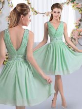  Beading Vestidos de Damas Apple Green Zipper Sleeveless Knee Length