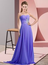 Flare Lavender Chiffon Lace Up Halter Top Sleeveless Floor Length Prom Dresses Beading and Ruching