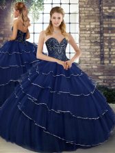 Customized Navy Blue Tulle Lace Up Quince Ball Gowns Sleeveless Brush Train Beading and Ruffled Layers