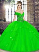  Green Ball Gowns Off The Shoulder Sleeveless Tulle Floor Length Lace Up Beading and Ruffles Quinceanera Gowns