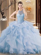  Blue Halter Top Neckline Beading and Ruffles Quinceanera Dresses Sleeveless Lace Up