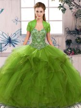 New Arrival Floor Length Lace Up Quince Ball Gowns Olive Green for Military Ball and Sweet 16 and Quinceanera with Beading and Ruffles