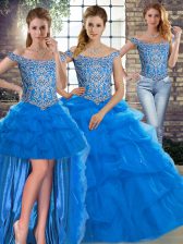  Blue Tulle Lace Up Off The Shoulder Sleeveless Sweet 16 Dress Brush Train Beading and Pick Ups
