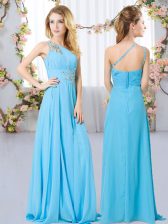  Sleeveless Floor Length Beading Zipper Quinceanera Court of Honor Dress with Aqua Blue
