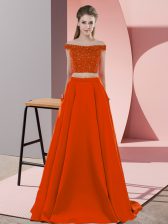  Rust Red Backless Off The Shoulder Beading Prom Evening Gown Elastic Woven Satin Sleeveless Sweep Train