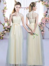 Cap Sleeves Tulle Floor Length Zipper Quinceanera Court Dresses in Champagne with Lace and Bowknot