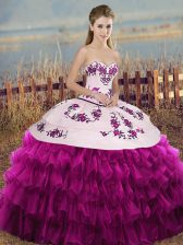 Great Sleeveless Organza Floor Length Lace Up Quinceanera Gowns in Fuchsia with Embroidery and Ruffled Layers and Bowknot