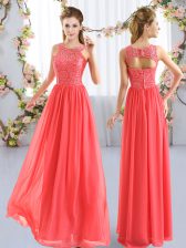  Sleeveless Floor Length Lace Zipper Dama Dress with Coral Red