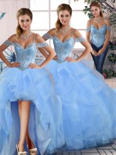Inexpensive Floor Length Blue Vestidos de Quinceanera Off The Shoulder Sleeveless Lace Up
