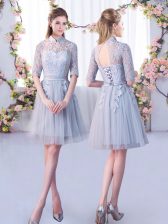 Simple High-neck Half Sleeves Dama Dress for Quinceanera Lace Lace Up