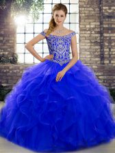  Royal Blue Tulle Lace Up Vestidos de Quinceanera Sleeveless Brush Train Beading and Ruffles