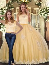 Glittering Gold Two Pieces Scoop Sleeveless Tulle Floor Length Clasp Handle Lace and Appliques Sweet 16 Dresses