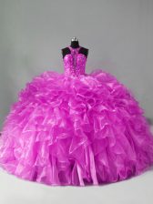 On Sale Lilac Halter Top Zipper Beading and Ruffles Sweet 16 Dress Brush Train Sleeveless