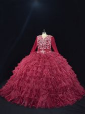 Glittering Organza Long Sleeves Floor Length Quinceanera Gowns and Ruffled Layers