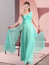  Floor Length Apple Green Damas Dress One Shoulder Sleeveless Lace Up