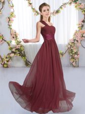High End Burgundy Lace Up One Shoulder Ruching Vestidos de Damas Chiffon Sleeveless