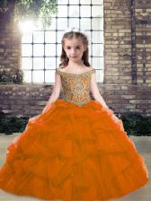  Off The Shoulder Sleeveless Lace Up Kids Formal Wear Orange Red Organza