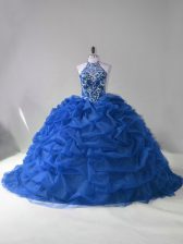  Blue Halter Top Neckline Beading and Pick Ups Vestidos de Quinceanera Sleeveless Lace Up
