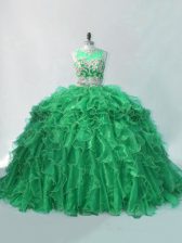 Popular Sleeveless Organza Brush Train Sweet 16 Dress in Green with Beading and Ruffles