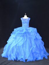  Blue Scoop Neckline Beading and Ruffles Quinceanera Dresses Sleeveless Lace Up