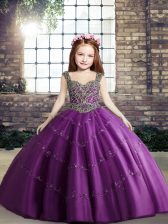  Purple Lace Up Straps Beading Kids Formal Wear Tulle Sleeveless