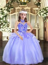 Eye-catching Lavender Ball Gowns Organza Halter Top Sleeveless Appliques Floor Length Lace Up Kids Pageant Dress