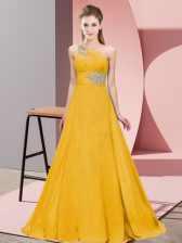  One Shoulder Sleeveless Brush Train Lace Up Prom Gown Orange Chiffon