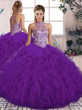  Purple Tulle Lace Up Sweet 16 Quinceanera Dress Sleeveless Floor Length Beading and Ruffles