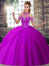 Custom Design Purple Ball Gowns Beading and Pick Ups Quinceanera Dresses Lace Up Tulle Sleeveless