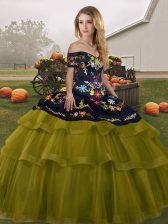  Off The Shoulder Sleeveless Tulle 15 Quinceanera Dress Embroidery and Ruffled Layers Brush Train Lace Up