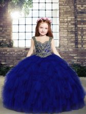 Affordable Royal Blue Straps Lace Up Beading and Ruffles Little Girls Pageant Gowns Sleeveless