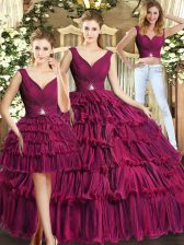 Extravagant Burgundy Ball Gowns Ruffled Layers Quinceanera Dress Backless Organza Sleeveless Floor Length
