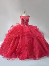 Glamorous Wine Red Sleeveless Organza Brush Train Lace Up Quinceanera Gown for Sweet 16 and Quinceanera