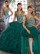 Pretty Peacock Green Sleeveless Beading and Ruffles Floor Length Ball Gown Prom Dress